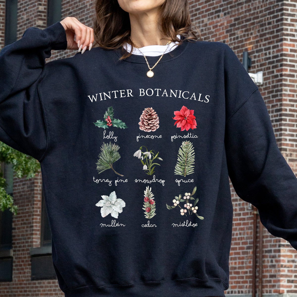Winter Botanicals Holly Poinsettia Pine Tree Snow Xmas Seasonal Print Sweatshirt