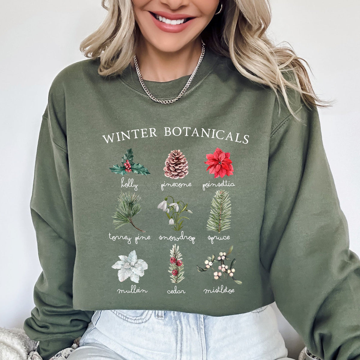 Winter Botanicals Holly Poinsettia Pine Tree Snow Xmas Seasonal Print Sweatshirt