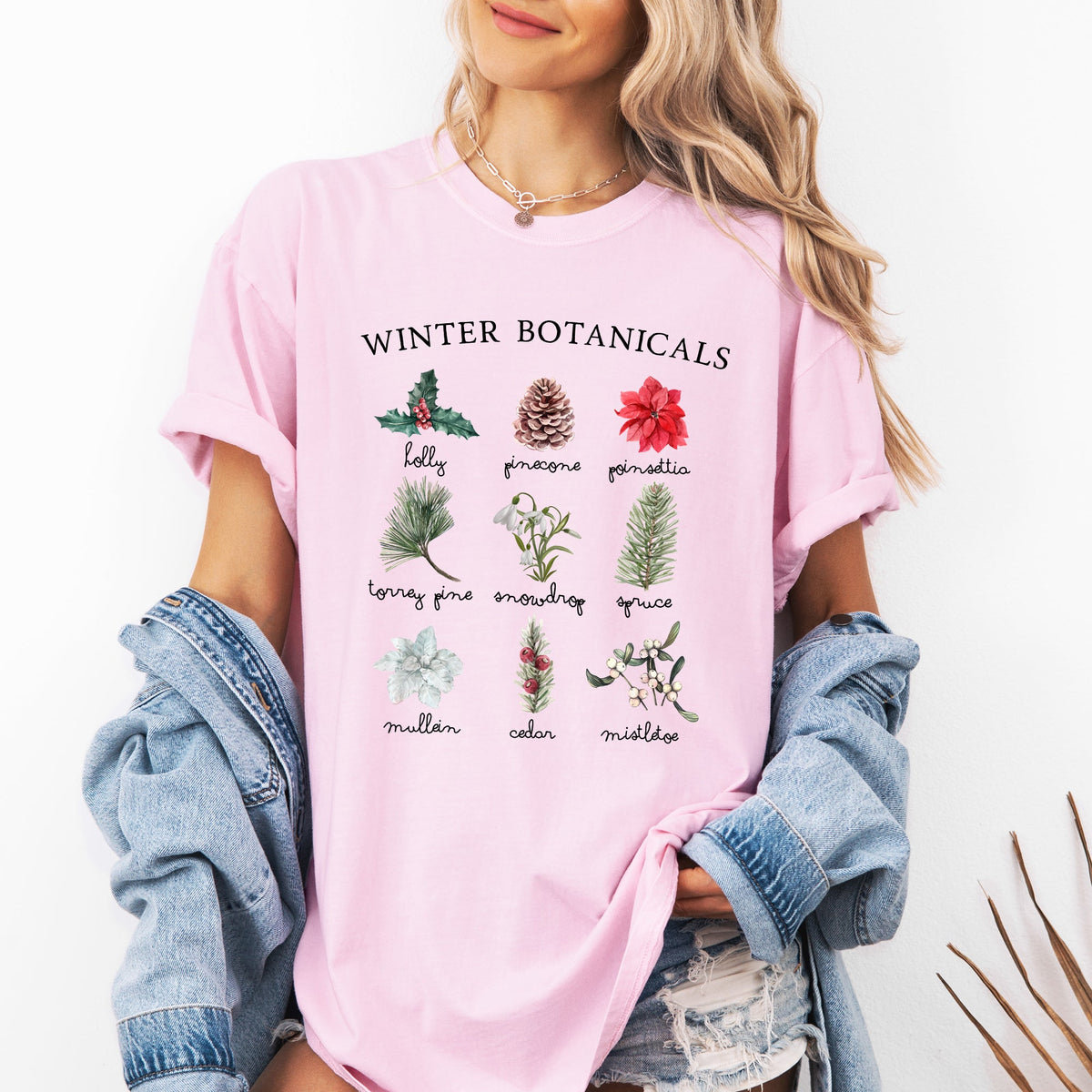 Winter Botanicals Holly Poinsettia Pine Tree Snow Xmas Holiday Floral Comfort Colors Tee