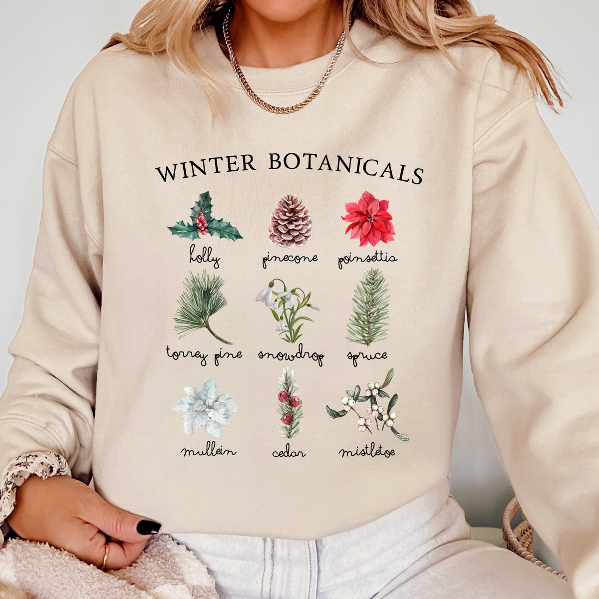 Winter Botanicals Holly Poinsettia Pine Tree Snow Xmas Seasonal Print Sweatshirt