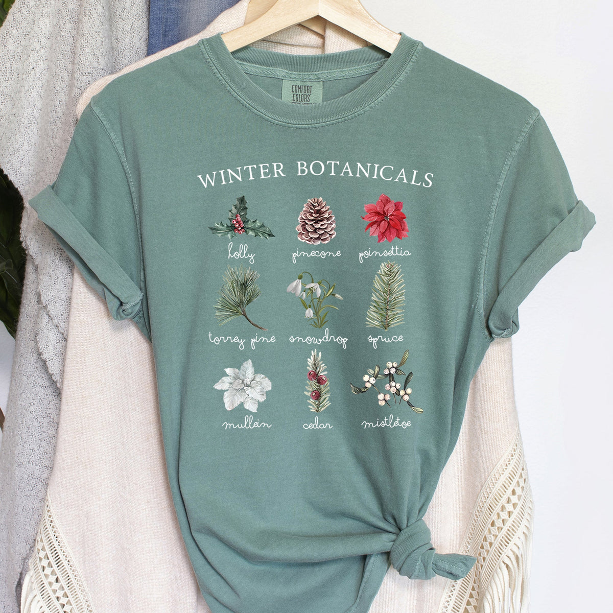 Winter Botanicals Holly Poinsettia Pine Tree Seasonal Holiday Design Comfort Colors Tee
