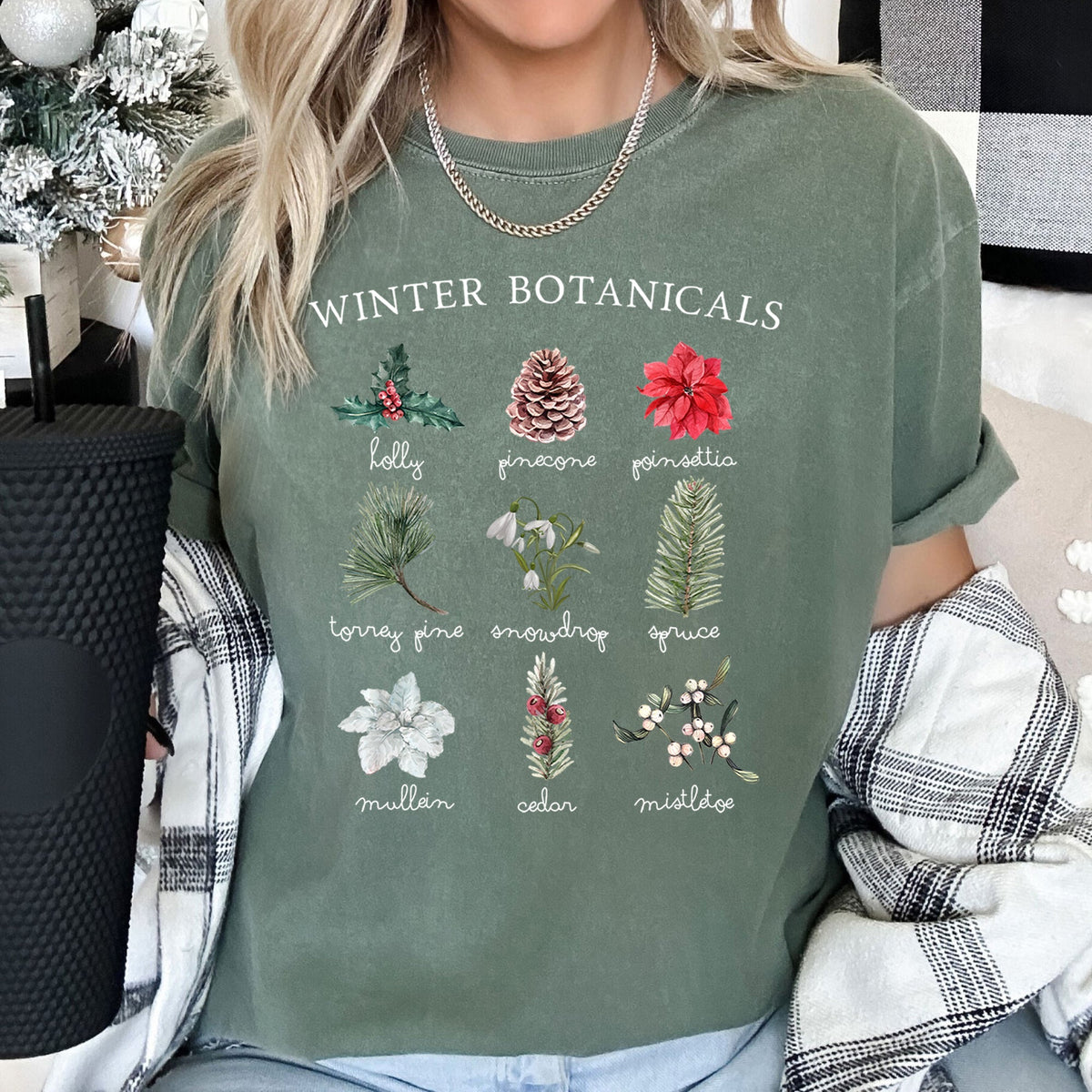 Winter Botanicals Holly Poinsettia Pine Tree Seasonal Holiday Design Comfort Colors Tee