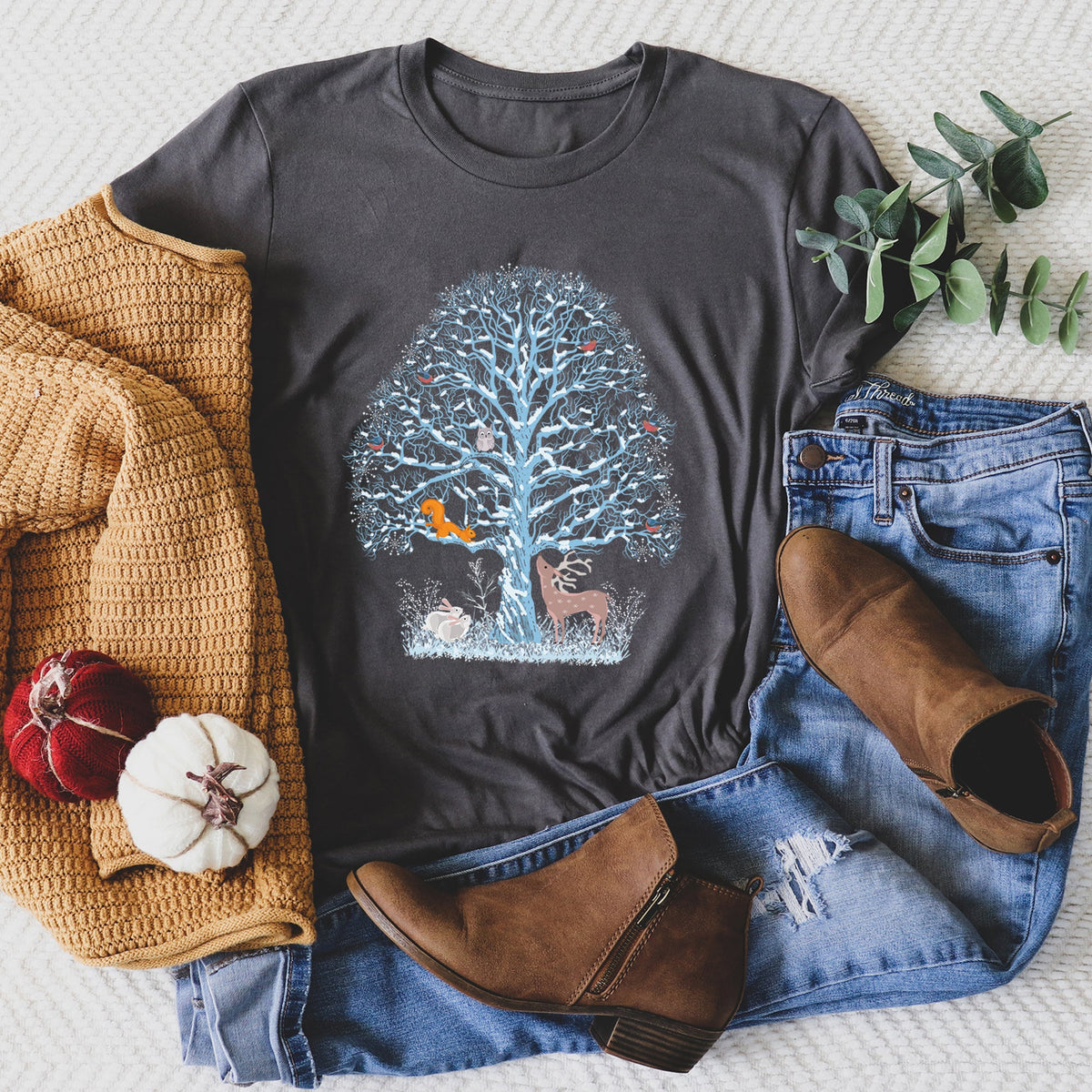 Winter Tree Filled With Animals Christmas Deer Owl Forest Wildlife Edition Graphic Tee