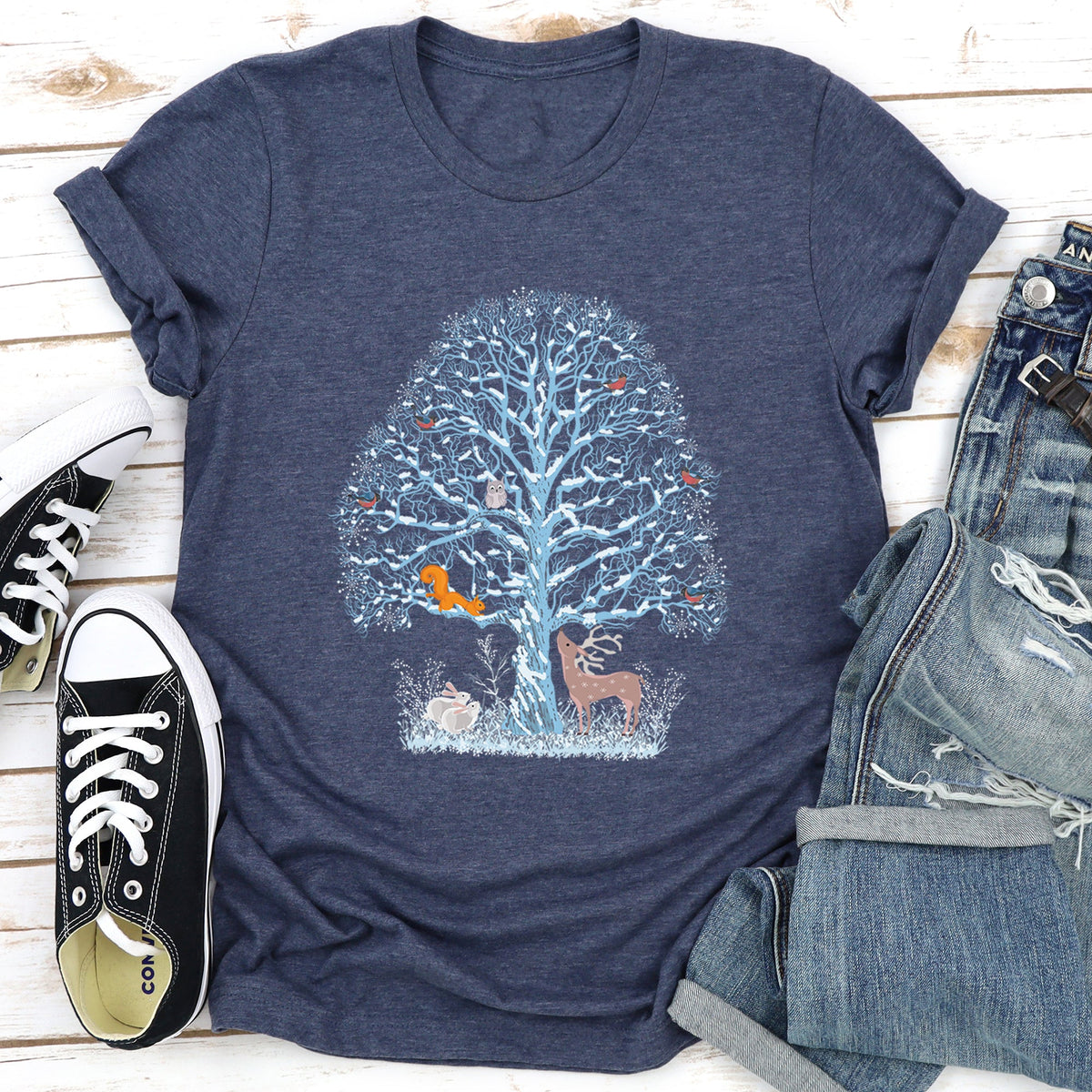 Winter Tree Filled With Animals Christmas Deer Owl Forest Wildlife Edition Graphic Tee