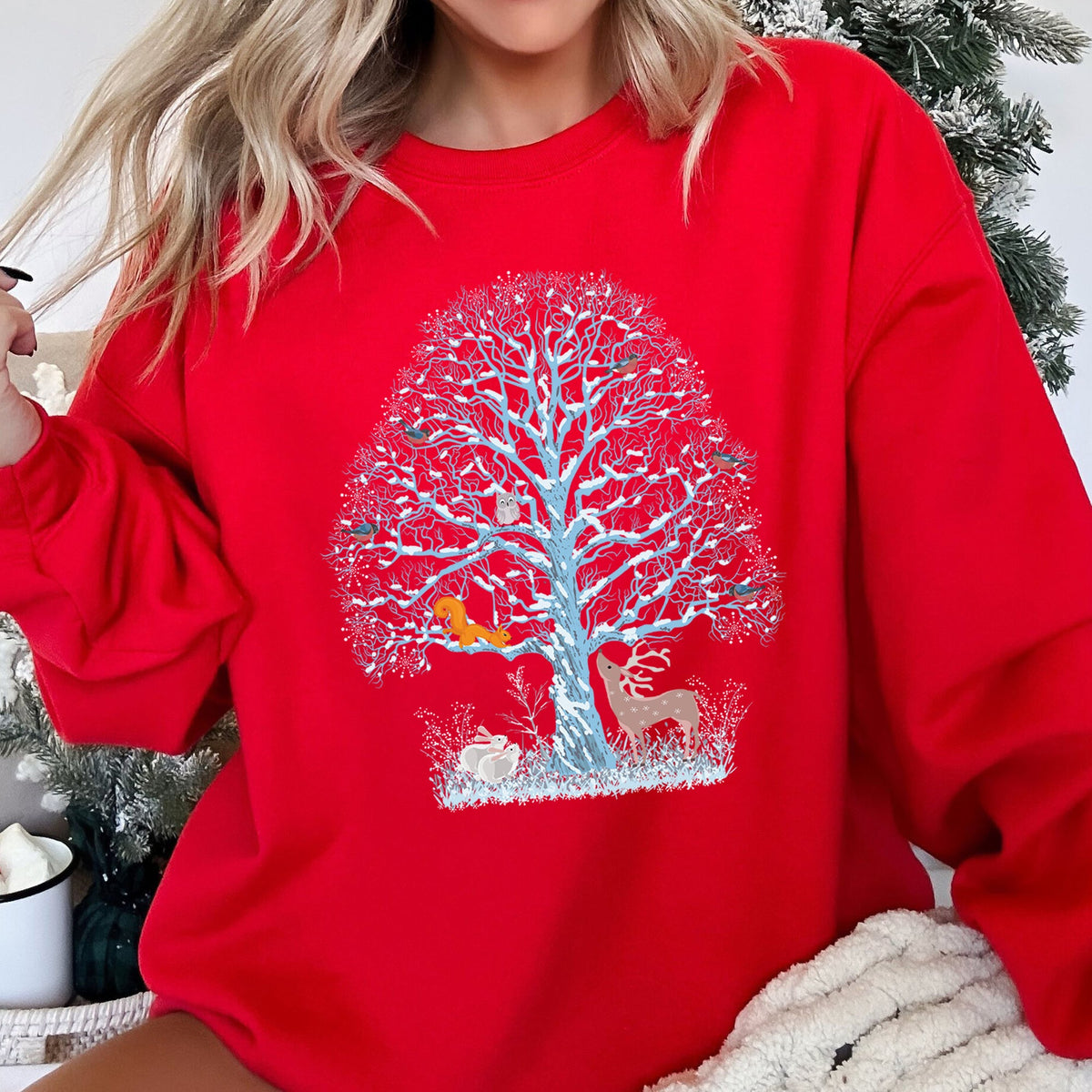 Winter Tree Filled With Animals Christmas Wildlife Woodland Scene Cozy Sweatshirt