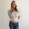 Women's Multi Stripe Puff Sleeve Top in Ecru Multi