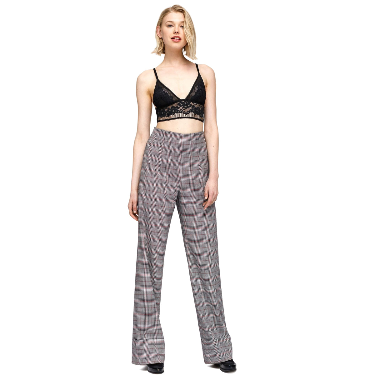 Women's Multi Glen Plaid High Waist Wide Leg Pants In Grey Plaid