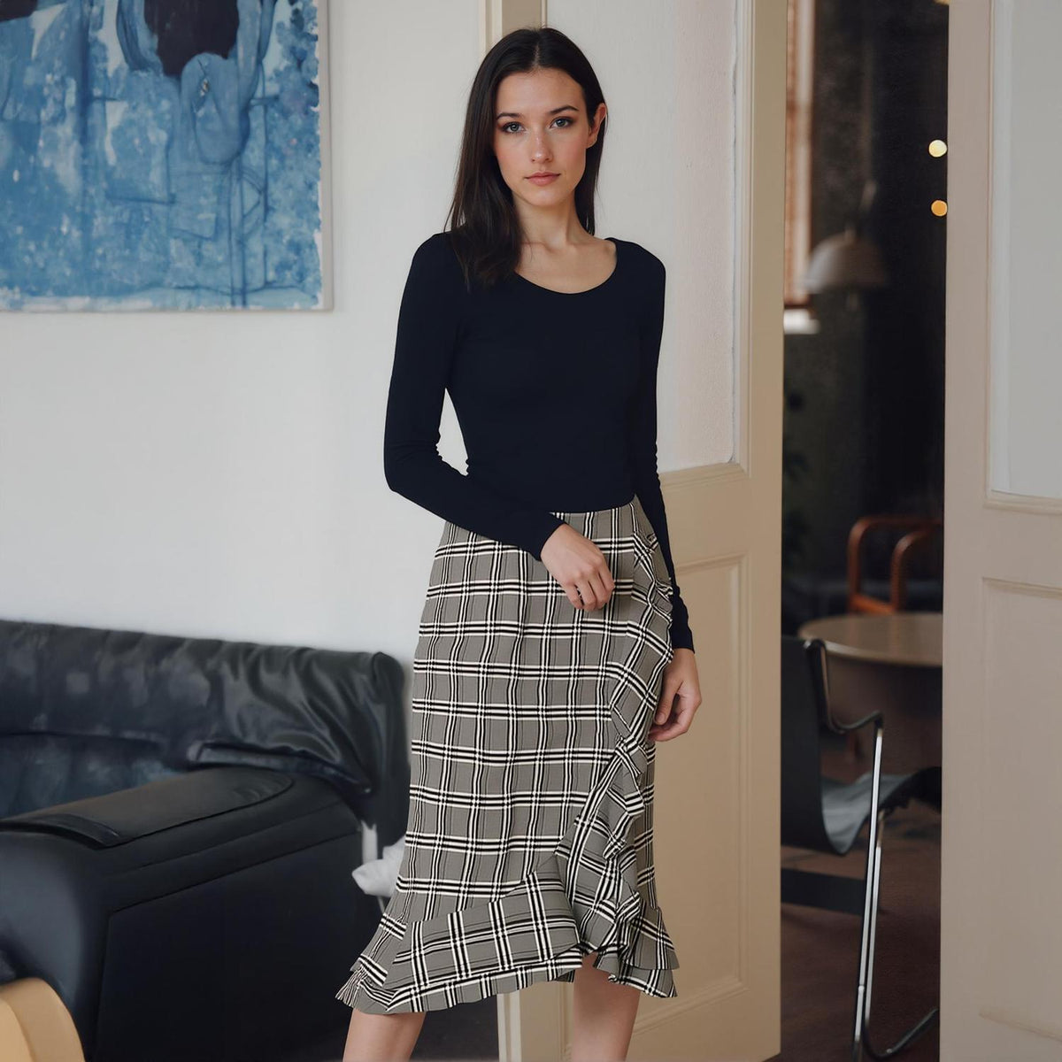 Pleione Women's Ruffle Trimmed Pencil Skirt in Black Plaid