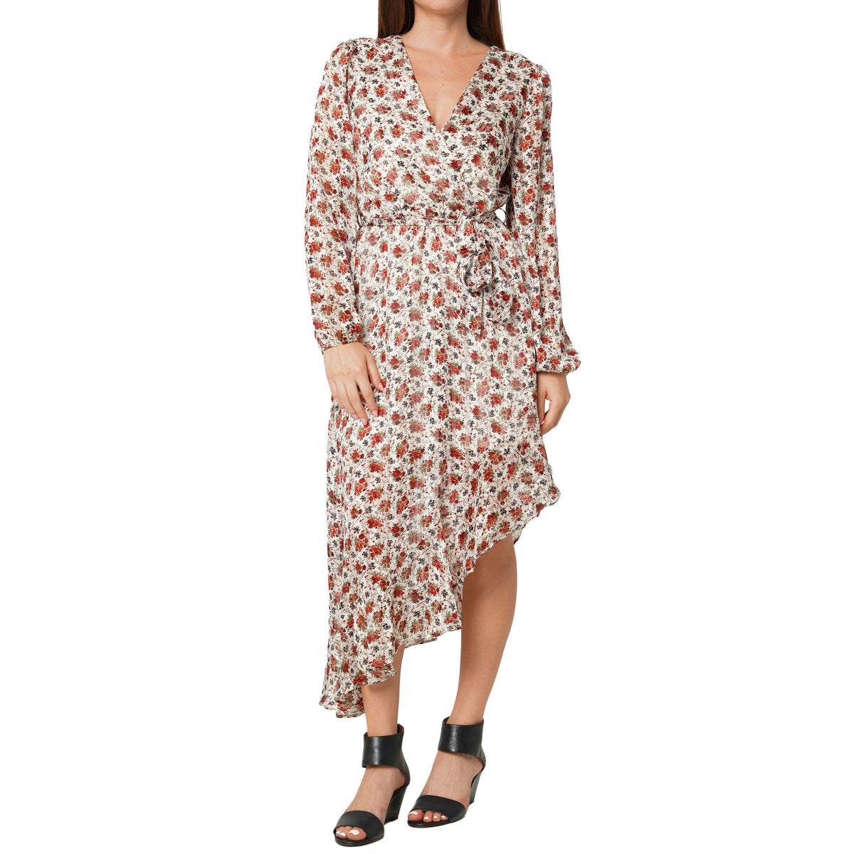 Women's Floral Asymmetrical Ruffle Hem Wrap Dress In Victoria Garden