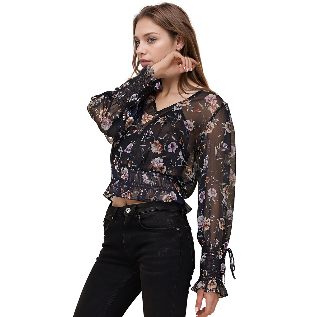 Women's Wax Flower Smocked Cuff Blouse In Navy