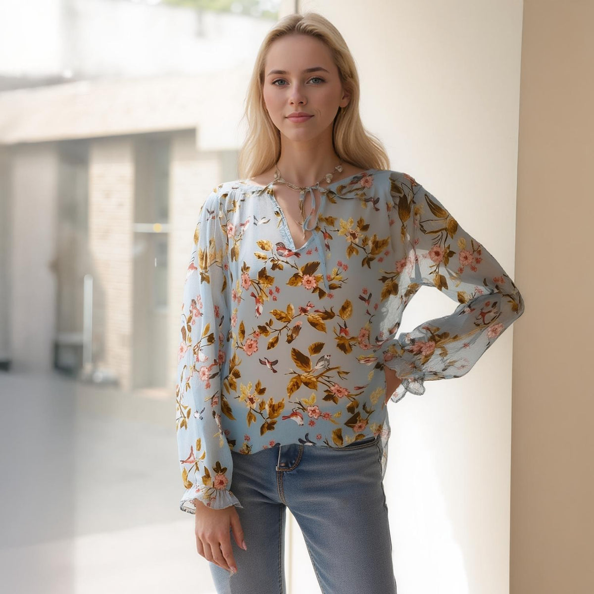 Pleione Ruffle Tie Neck Floral Blouse In Blue