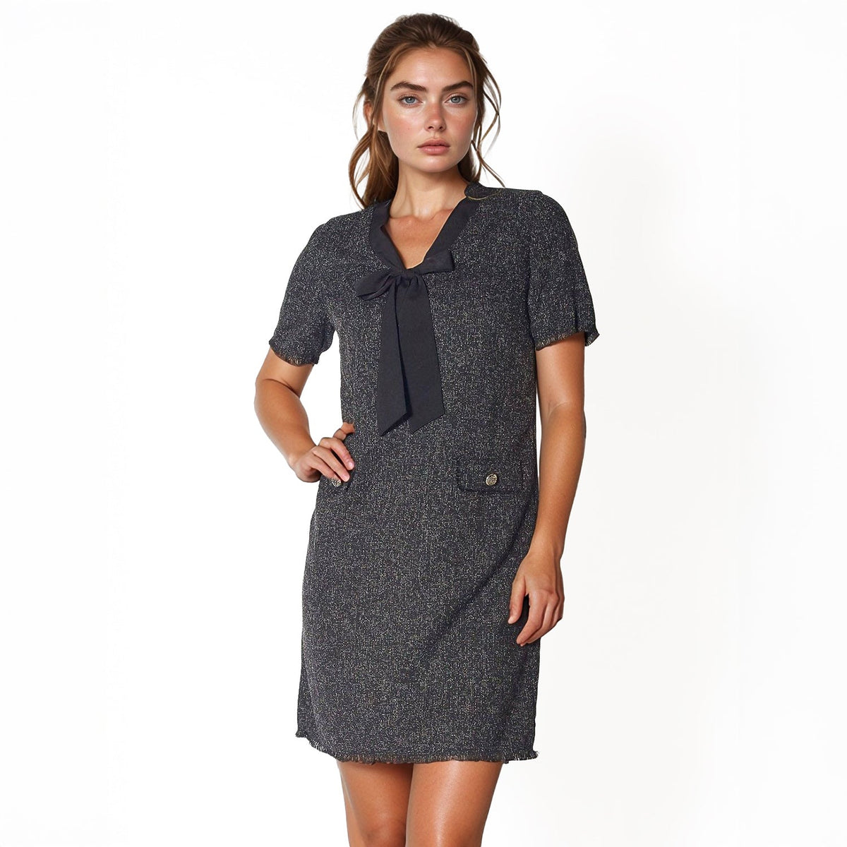 Pleione Women's Bow Front Mini Dress in Black