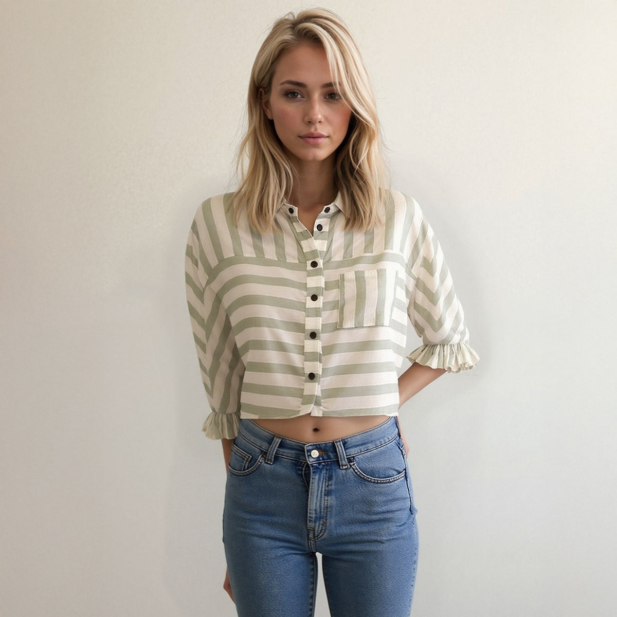 Women's Button Down Cropped Shirt In Sage