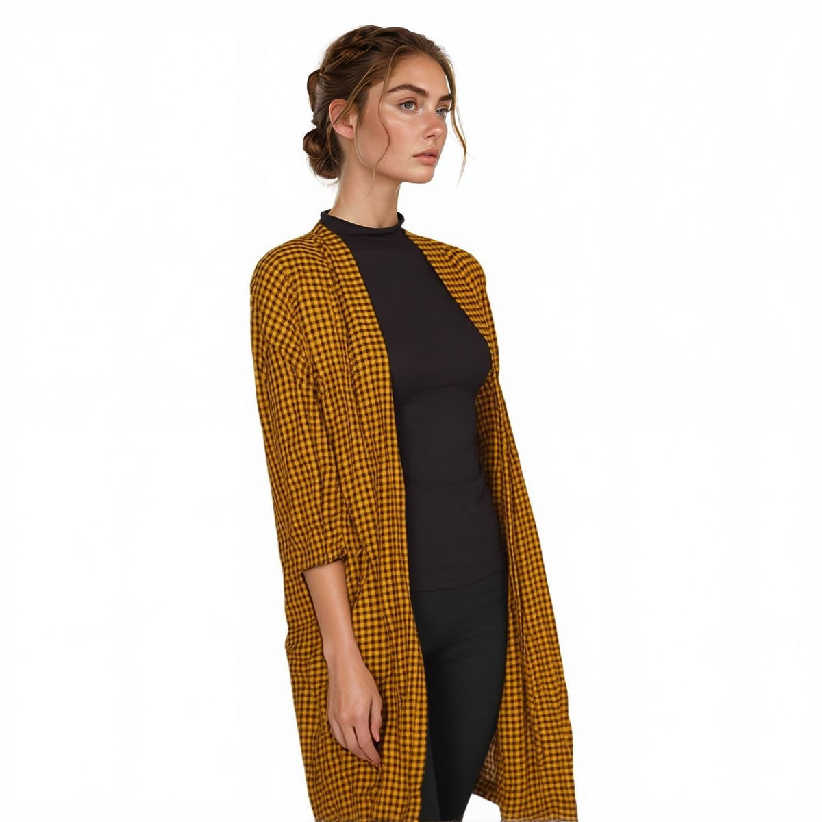 Pleione Gingham Kimono Cardigan in Mustard Checker