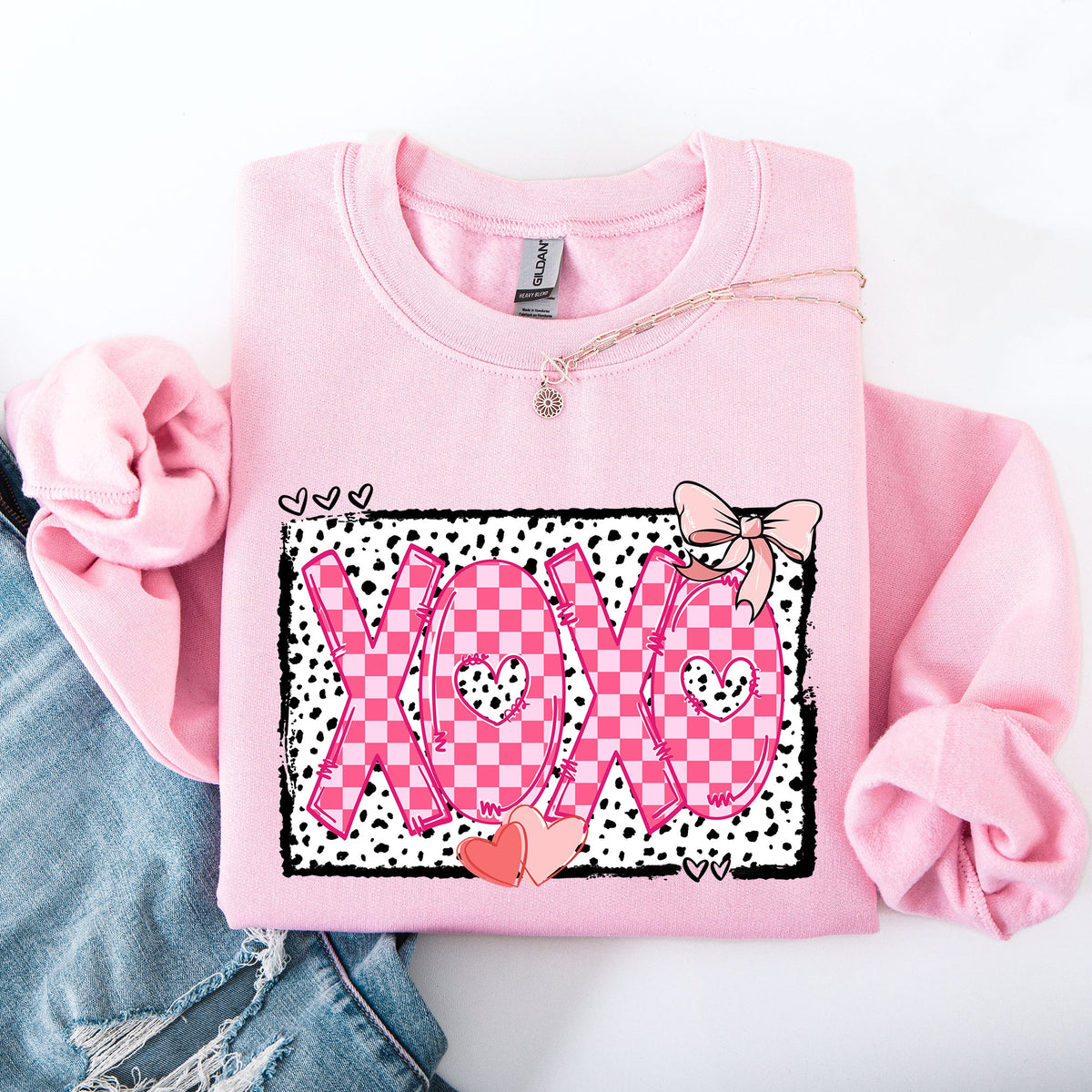 XOXO Valentine's Day Dalmatian Print Love Hearts Chic Cozy Fleece Wearable Artwork Sweatshirt