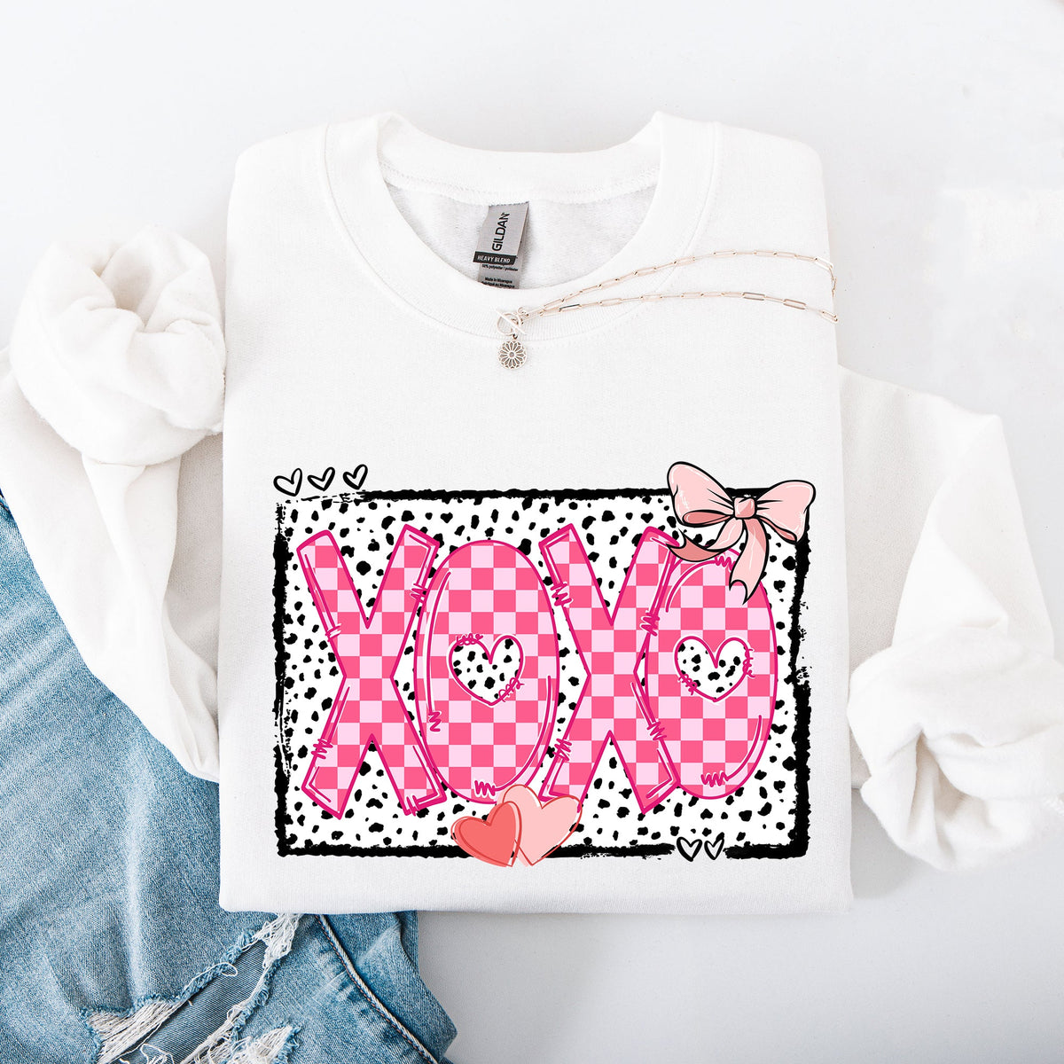 XOXO Valentine's Day Dalmatian Print Love Hearts Chic Cozy Fleece Wearable Artwork Sweatshirt