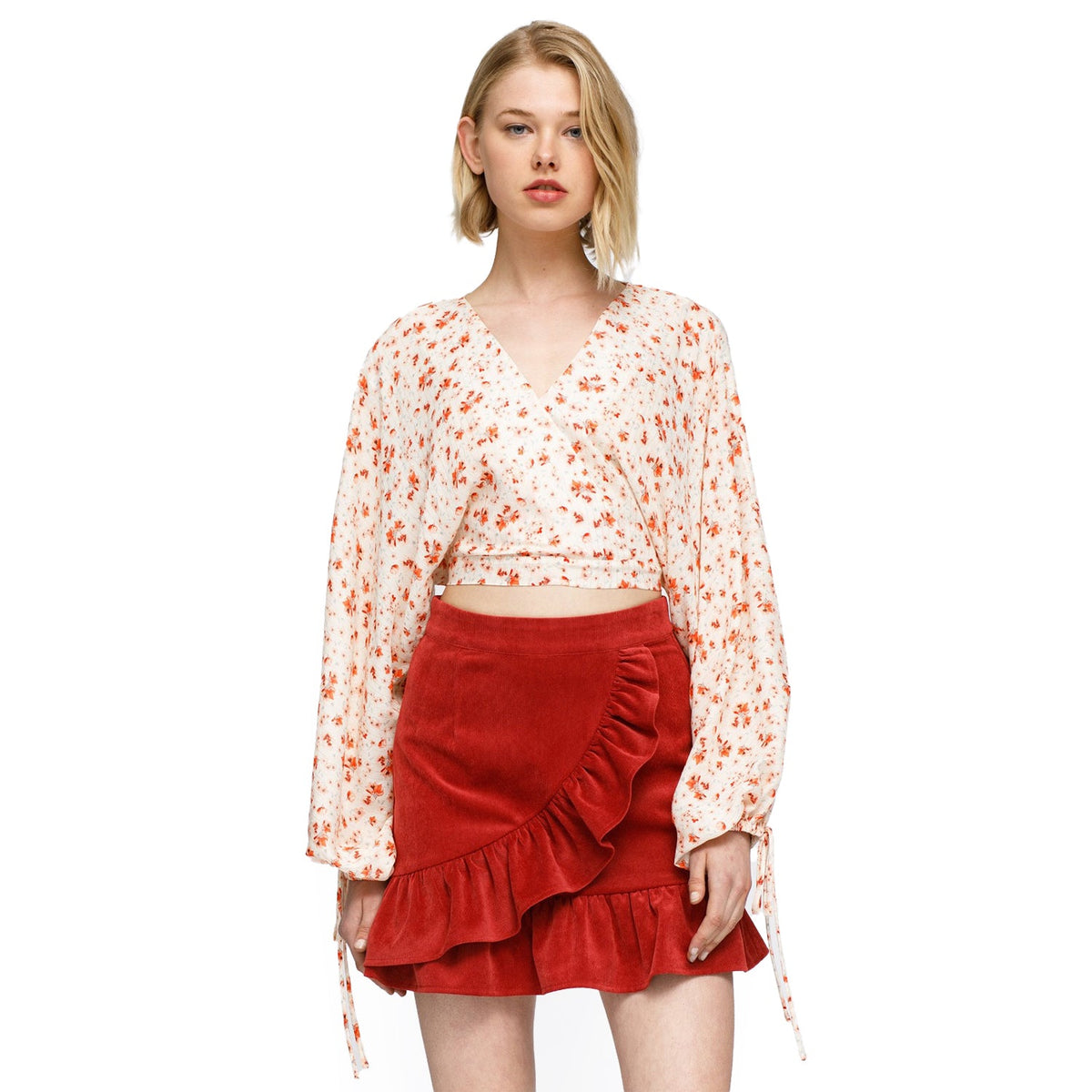 Women's Floral Wrap Front Crop Blouse In Coral Gold