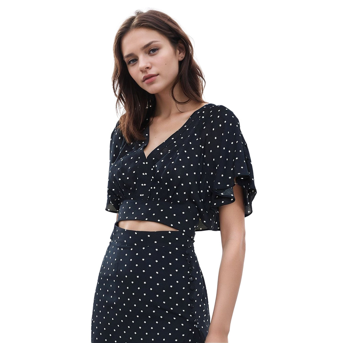 Women's Cape Sleeve V-Neck Crop Blouse In Navy
