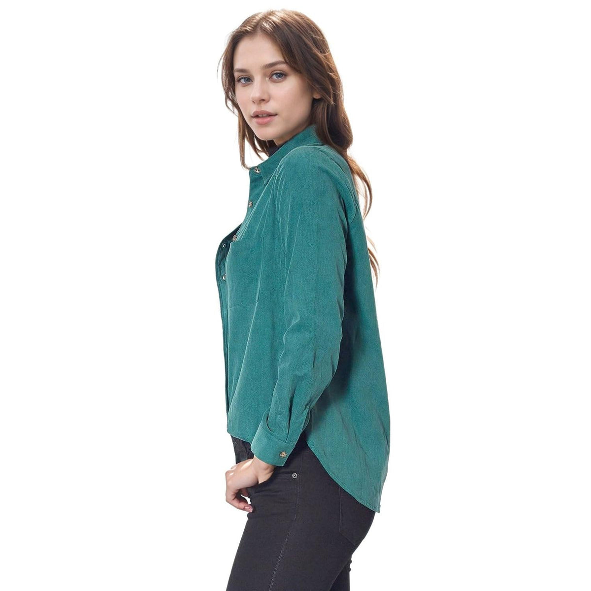 Pleione Women's Button Up Corduroy Shirt in Teal