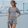 Women's Plaid Puff Shoulder Button Down Blouse In Gray