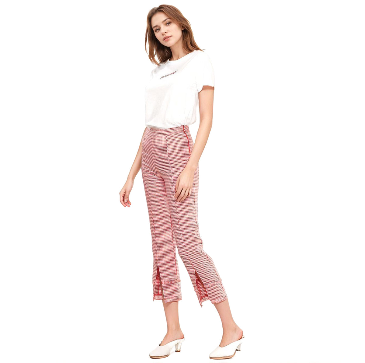Women's Fringe Trim Slit Hem Gingham Pants in Red Gingham