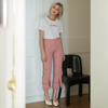 Women's Fringe Trim Slit Hem Gingham Pants in Red Gingham