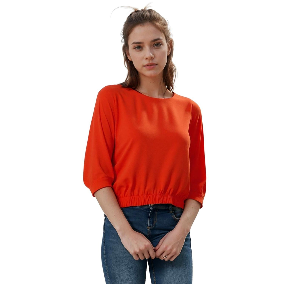 Pleione Gathered Hem Scoop Neck Blouse In Flamingo
