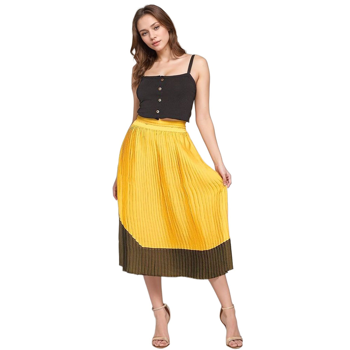 Pleione Women's Pleated Midi Skirt in Mustard Olive