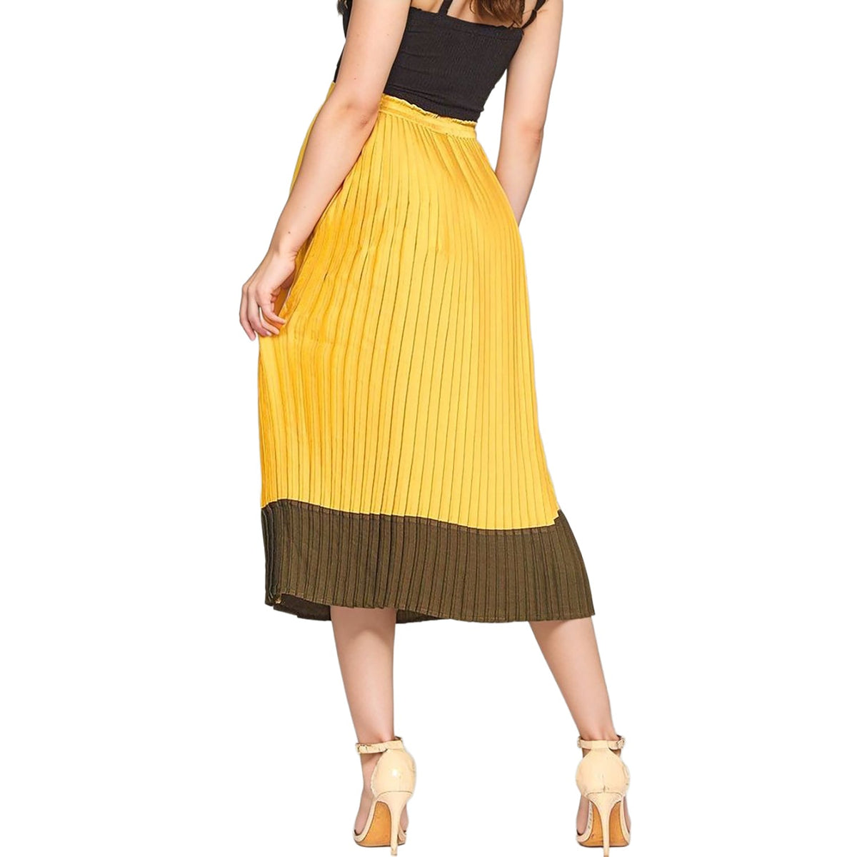Pleione Women's Pleated Midi Skirt in Mustard Olive