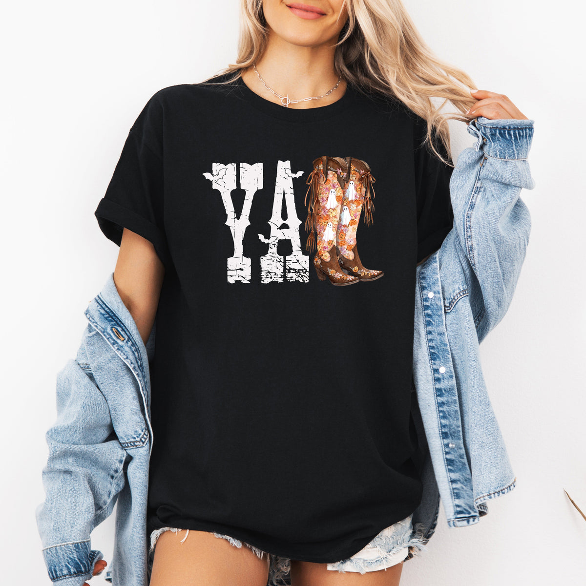 Y'all Cowboy Boots Western Halloween Autumn Festive Cattle Drive Inspired Country Western Graphic Tee