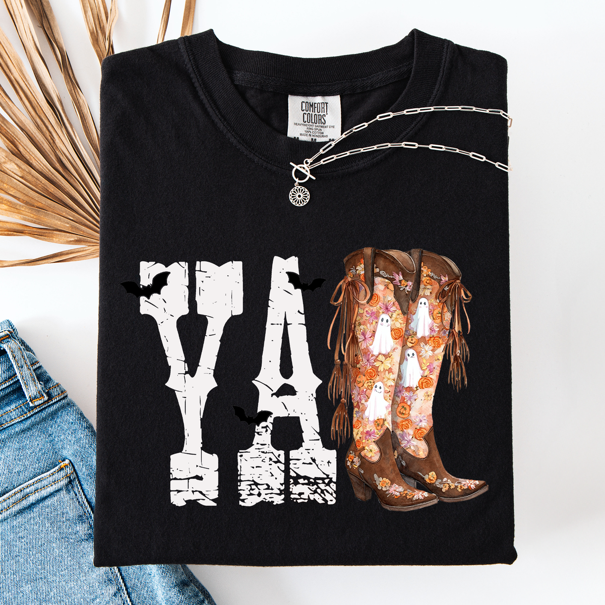 Y'all Cowboy Boots Western Halloween Autumn Fall Watercolor Graphic Comfort Colors Tee