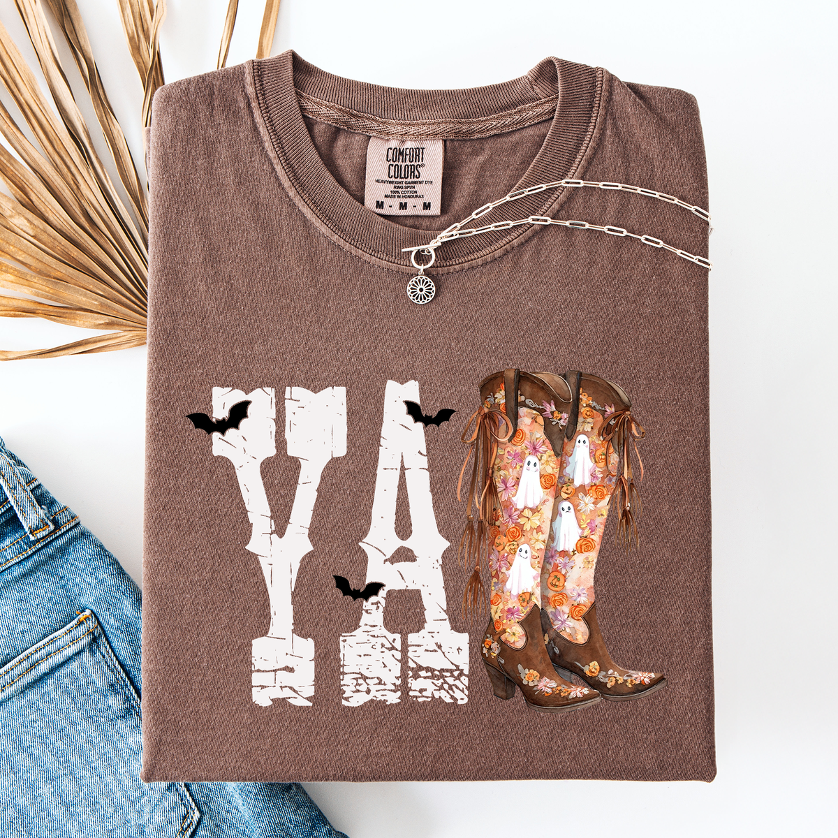Y'all Cowboy Boots Western Halloween Autumn Fall Watercolor Graphic Comfort Colors Tee