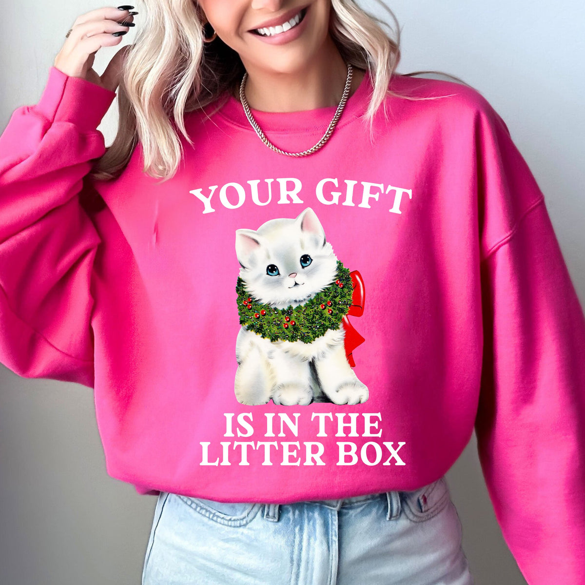 Your Gift Is In The Litter Box Cat Christmas Naughty Funny Snow Santa Xmas Sweatshirt