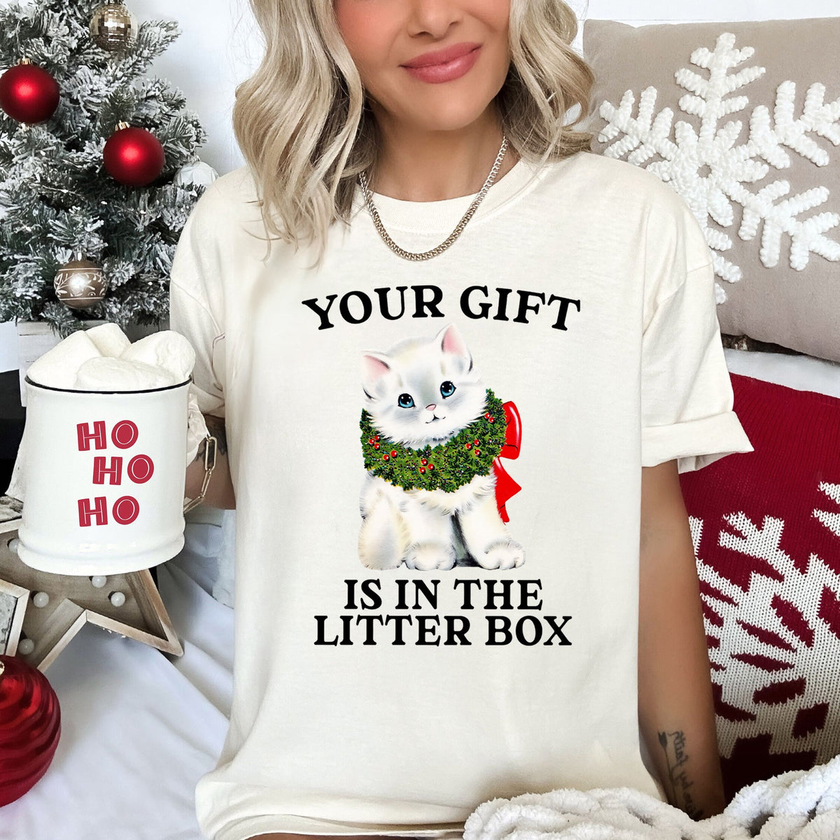 Your Gift Is In The Litter Box Cat Christmas Naughty Holiday Humor Comfort Colors Tee