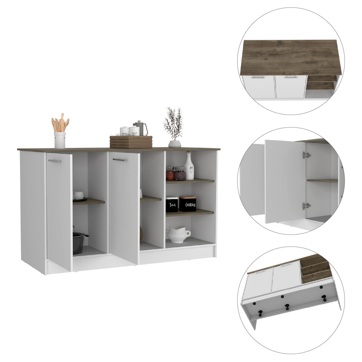 Kitchen Island Two Cabinets, Three Open Shelves, White / Dark Brown