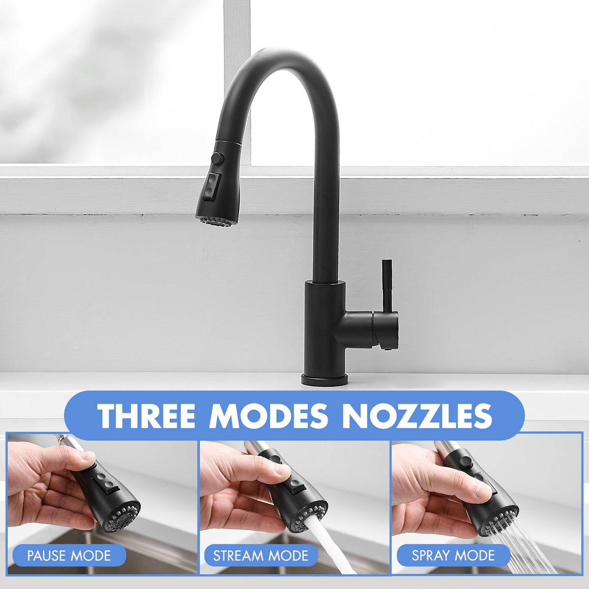 Kitchen Sink Faucet, Black Kitchen Faucets with Pull out Sprayer Stainless Steel Kitchen Faucet