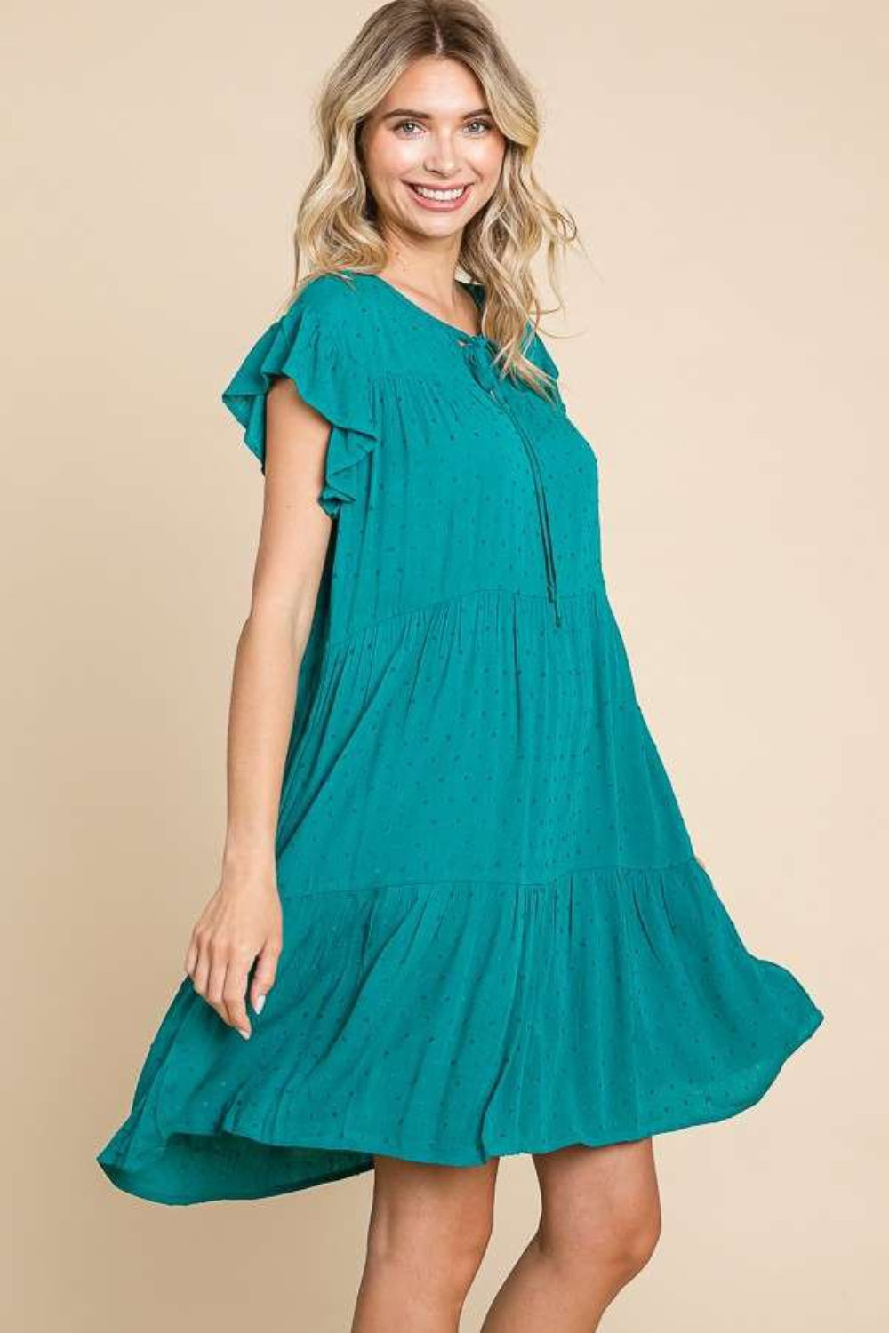 Ruffle Cap Sleeve Tiered Dress For Women – Ruffle Cap Sleeve Dress, Tiered Ruffle Dress, Feminine Tiered Dress, Stylish Cap Sleeve Dress, Playful Tiered Dress, Trendy Tiered Dress