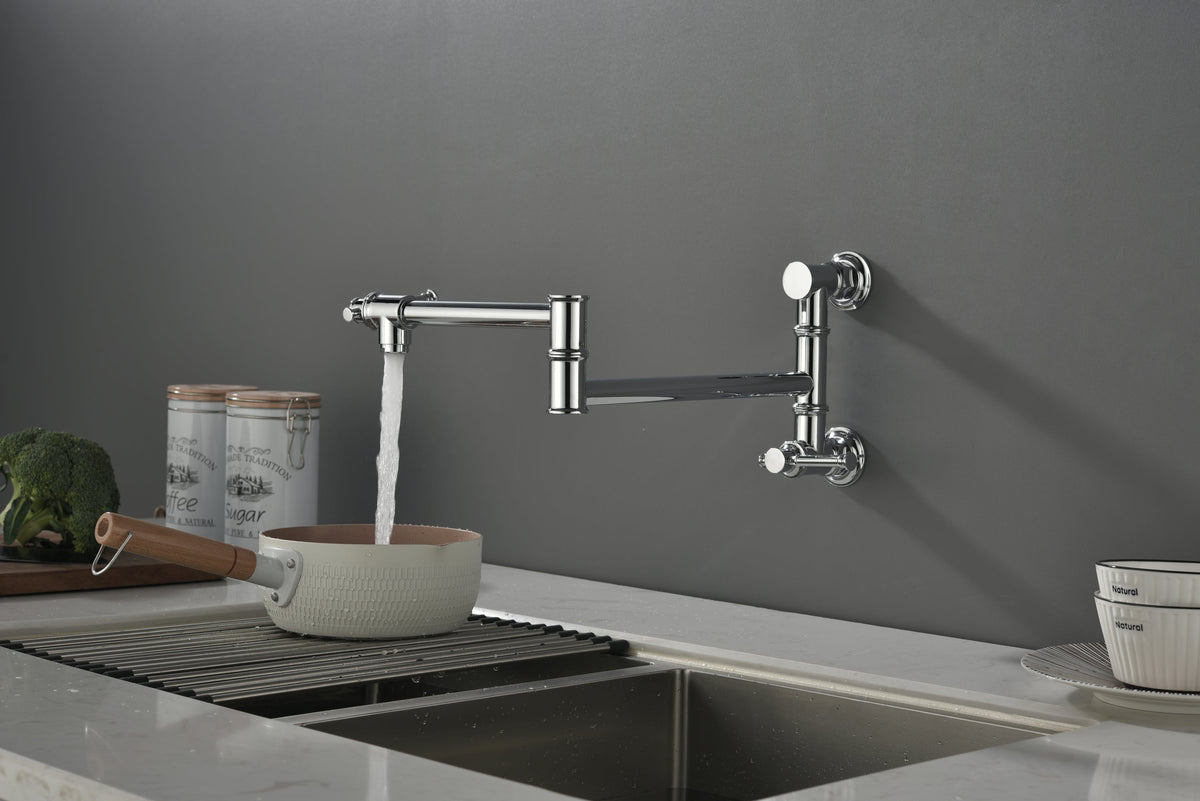 Wall mounted Pot Filler Faucet, Modern Brass Pot Filler Two-Attachment Wall Mount Folding Kitchen Pot Filler Swing Arm