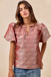 BiBi Jacquard Woven Short Balloon Sleeves V Neck Top