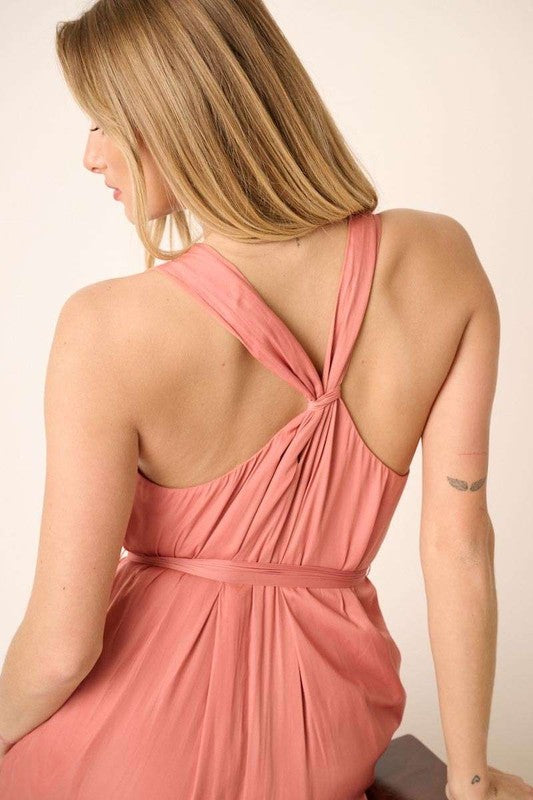 Cross Back Belted V Neck Tank Maxi Dress for Women – Flattering, Chic and Elegant Event Style