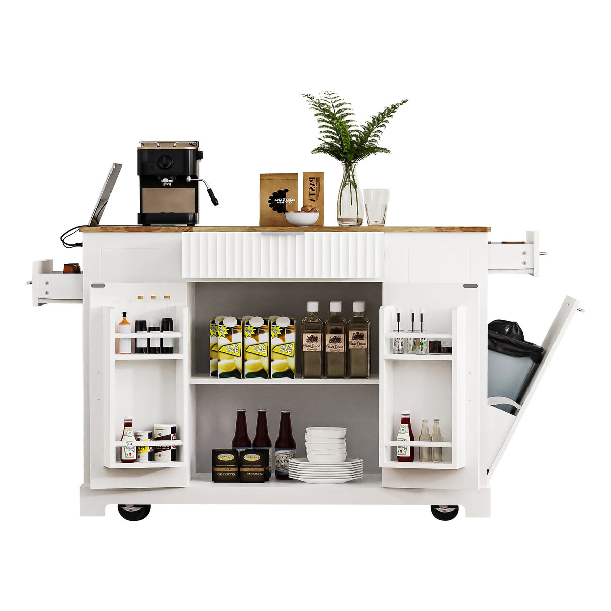 K&K Fluted Kitchen Island with Trash Can Storage Cabinet, Power Outlet, Internal Storage Rack, Rolling Kitchen Islands on 5 Wheels with 3 Drawer, 3 Open Side Racks for 10 Gallon Garbage Bin, White