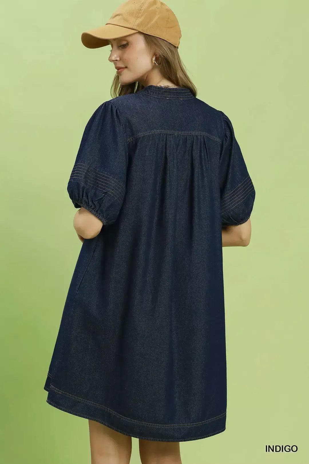 Umgee Notched Puff Sleeve Mini Dress with Pockets