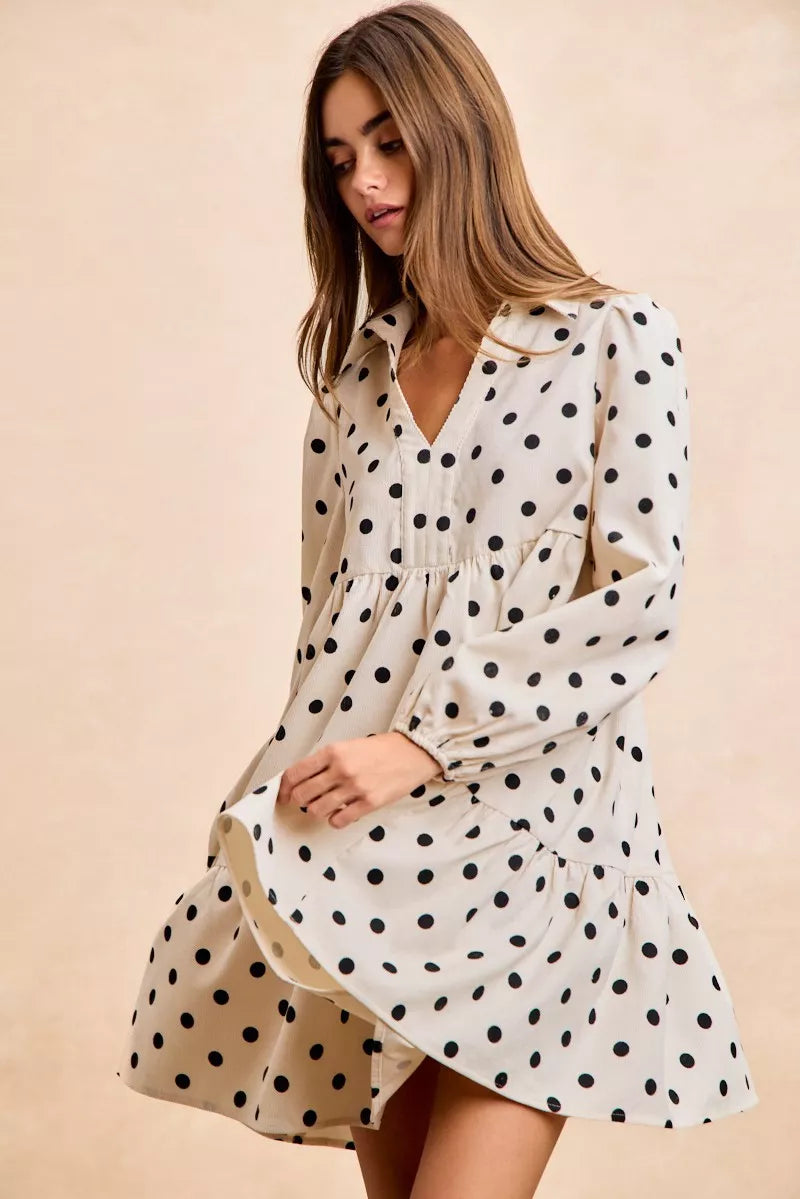 BiBi Polka Dot Corduroy Collared V Neck Dress