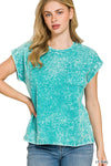 Zenana Full Size Crinkle Washed Round Neck Folded Short Sleeve Tee Plus Size