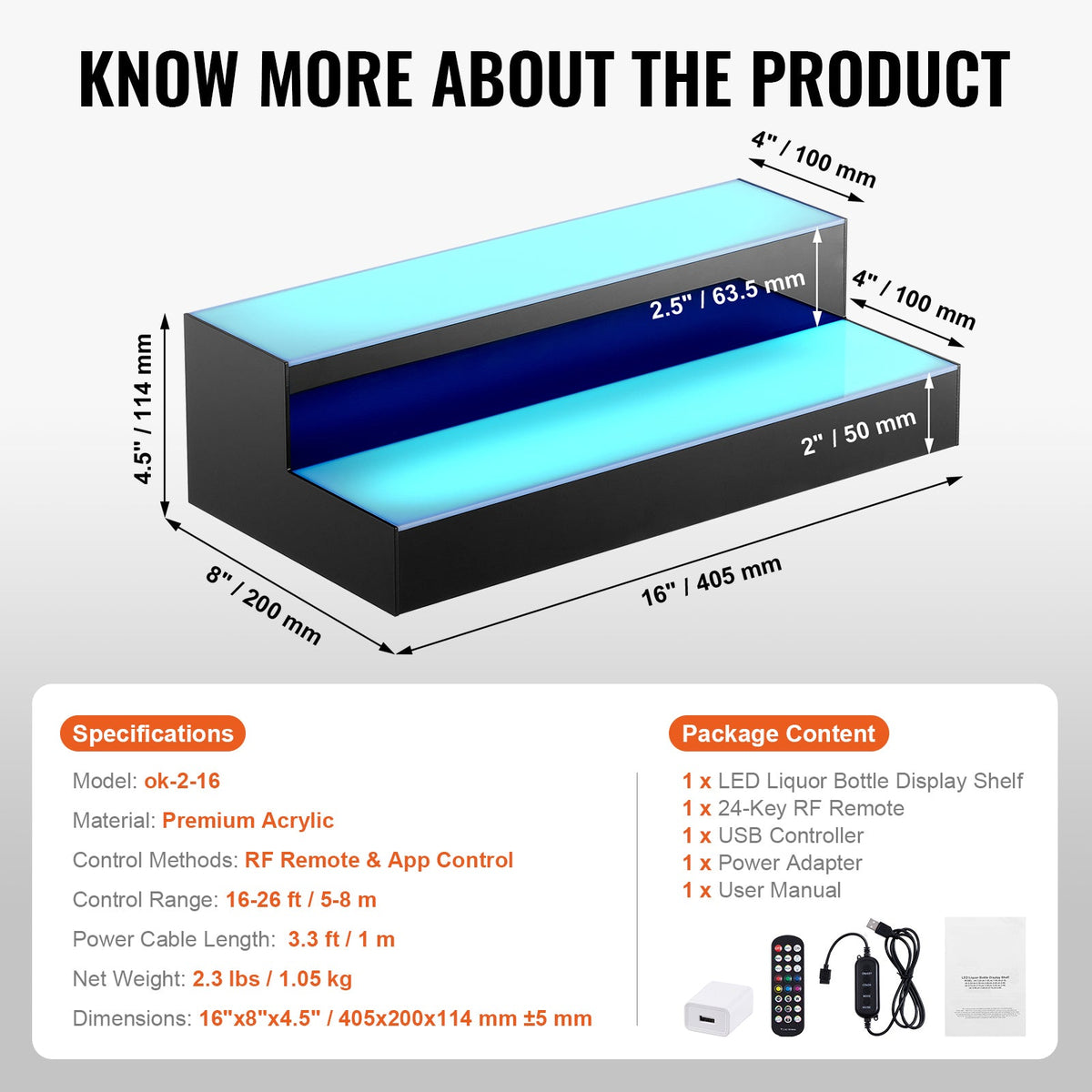 LED Lighted Liquor Bottle Display Bar Shelf RF & App Control 16' 2-Step