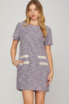 Full Size Short Sleeve Pearl Studded Trim Knit Tweed Dress Plus Size –Elegant and Glamorous Dress with Pearl Detailing for Upscale Events