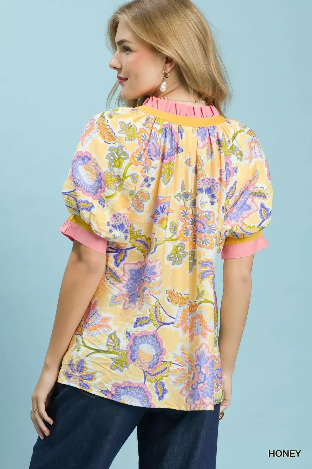 Umgee Floral Print Ruffled Short Sleeve Top