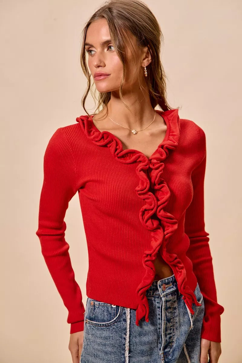 SO ME Cascade Ruffle Ribbed Sweater Cardgian