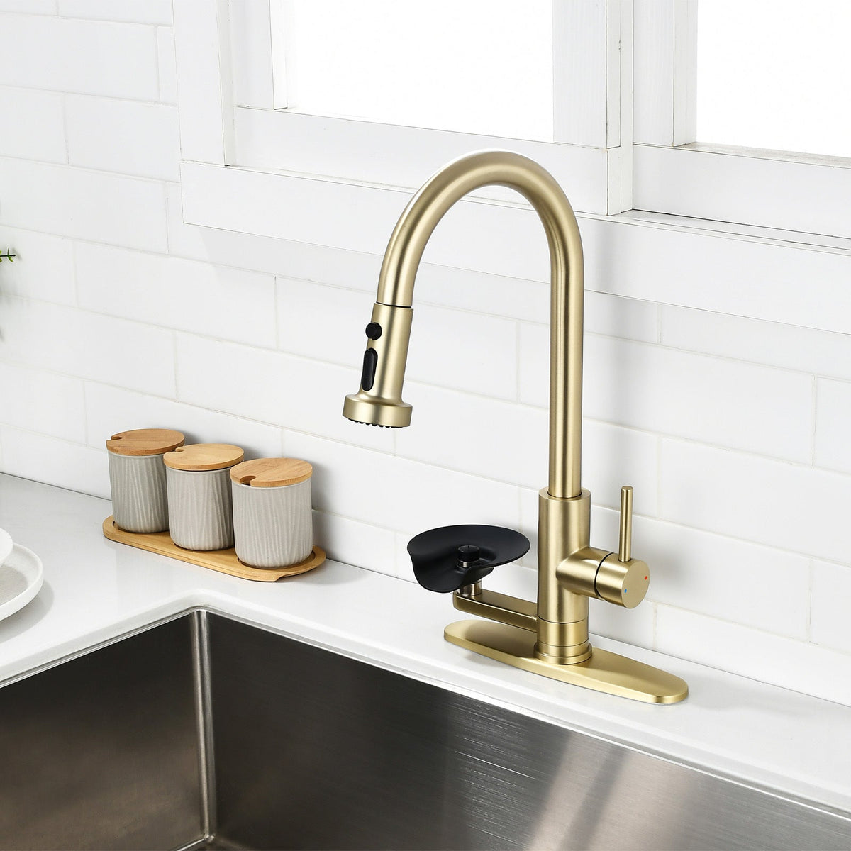 3-in-1 Kitchen Faucet with Press-Type Glass Rinser, Brushed Gold Finish, High-Arc Pull-Down Sprayer, Universal for 1 & 3 Holes, Stainless Steel and ABS Construction