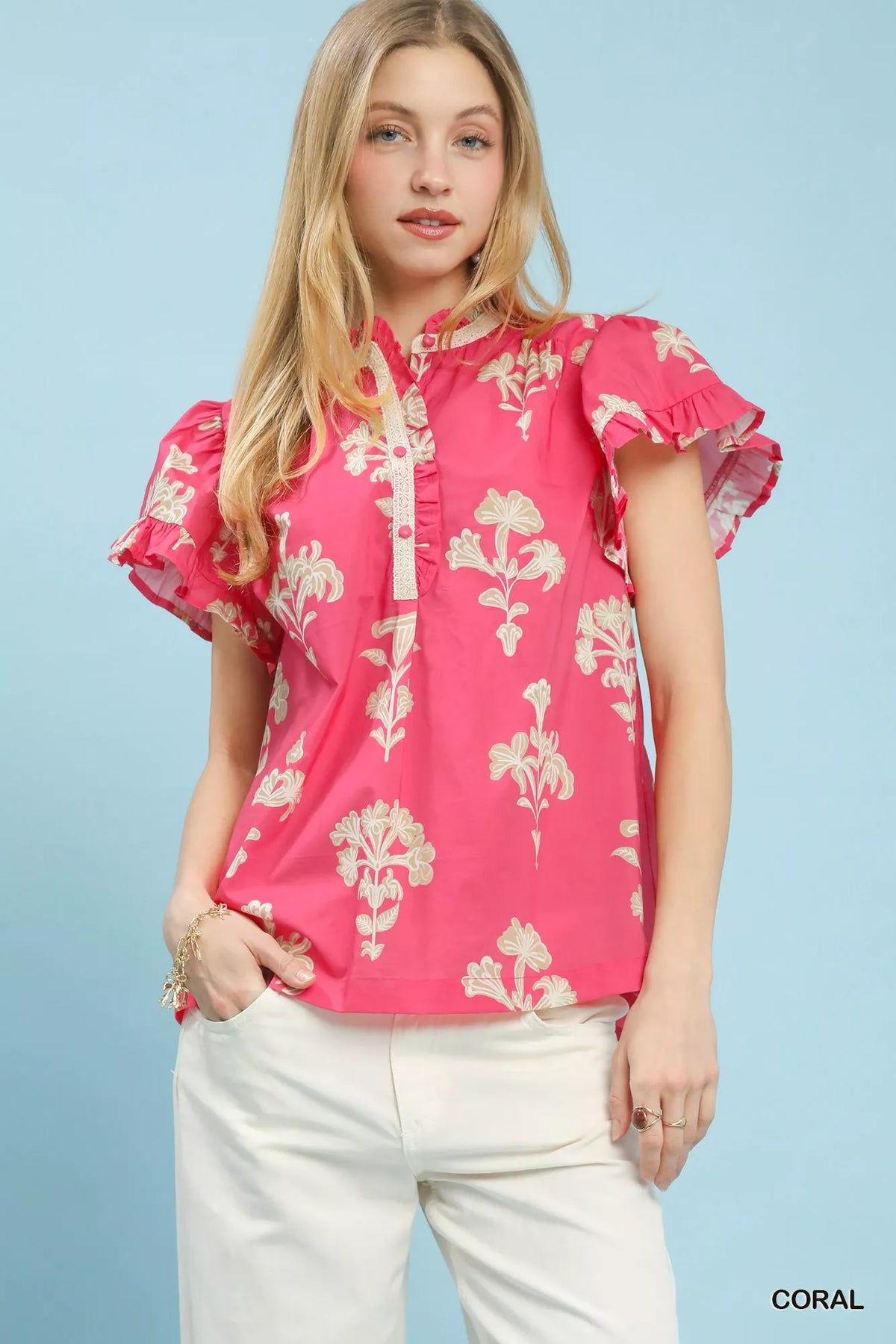 Umgee Floral Ruffle Sleeve Split-Neck Top